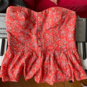 aerie Red Floral Strapless Peplum Top